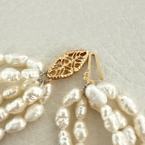 VINTAGE 5 STRAND FRESHWATER RICE PEARL NECKLACE 14K GOLD FILGREE CLASP 31" OPERA - Picture 8 of 8